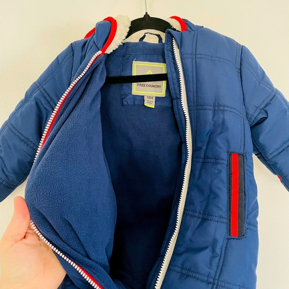Free Country Baby Quilted Hooded Bunting Snowsuit 18 Mo Sherpa Fleece Warm Navy - Picture 6 of 8